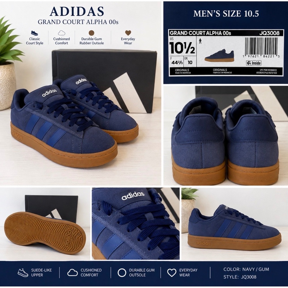 Adidas Grand Court Alpha 00s Navy Gum Suede Sneakers JQ3008 Mens 10.5